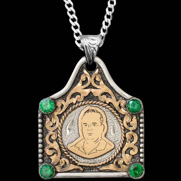 "Crafted on a German Silver base with hand-engraved Jeweler's Bronze scrollwork, cubic zirconia stones in each corner of your choice, and our bead and line edge. This cow tag features an example of someone's portrait. Personalize this cow tag to make